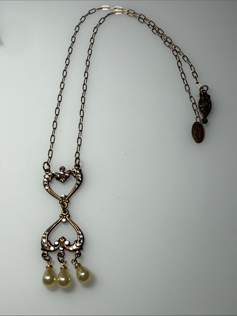 Gold-Tone Heart Link Necklace with Pearl Drop Charms